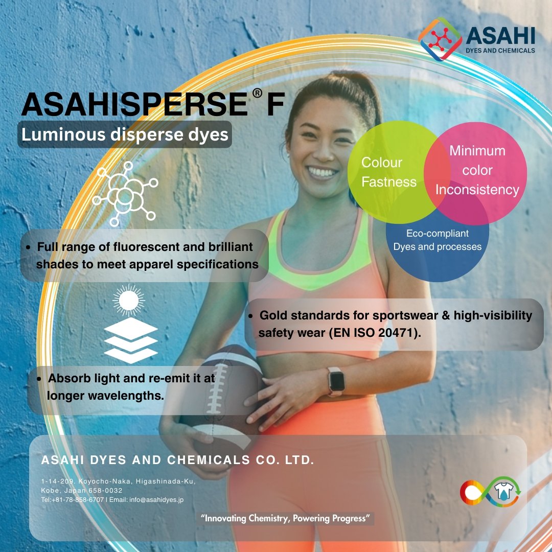 Asahidyes's tweet image. New ASAHISPERSE® F
Luminous disperse dyes 

#DisperseDyes #TextileChemistry #ColorFastness #HighFastness #TechnicalTextiles #PolyesterDyeing #TextileInnovation #Dyestuff #PerformanceFabrics #QualityAssurance #zdhc