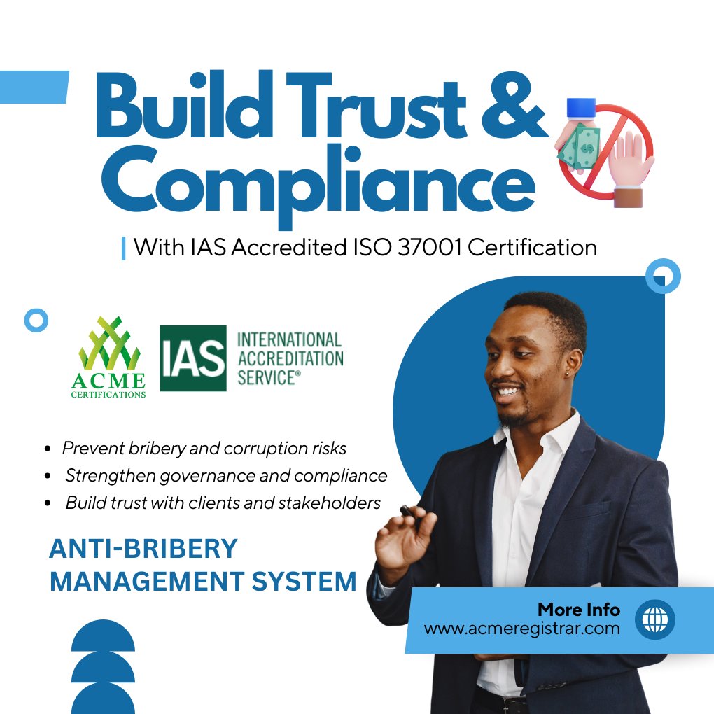 acmecert's tweet image. Ready to strengthen compliance and trust?
👉 Apply for IAS Accredited ISO 37001 Certification Today

Integrity Builds Trust – ISO 37001 Builds Your Reputation.

#ISO37001 #AntiBribery #IASAccredited #ISOCertification #BusinessIntegrity #Compliance #CorporateGovernance #Risk