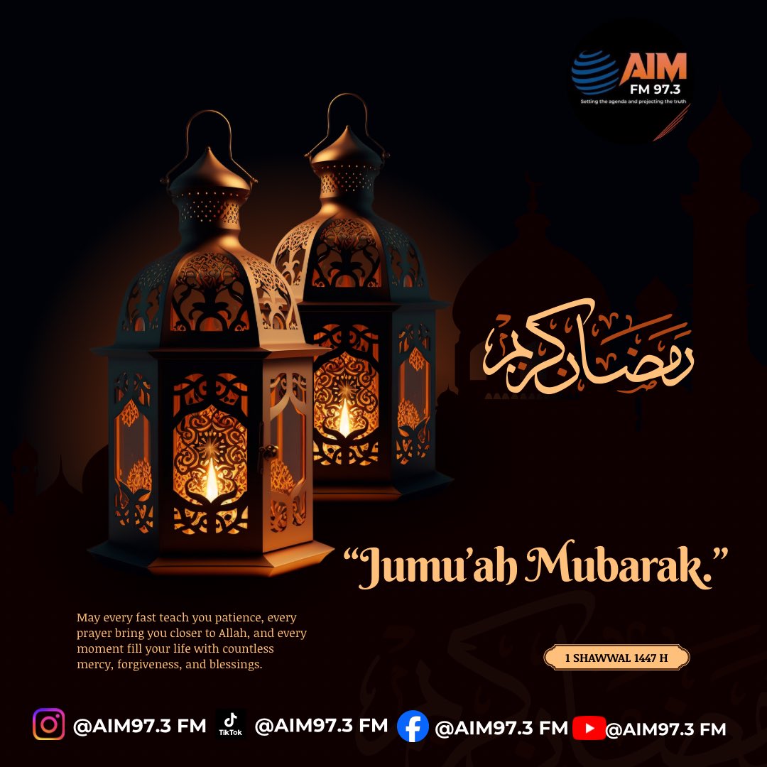 aimfmtv's tweet photo. Happy Friday! Jumu’ah Mubarak. May your prayers be answered and your heart be filled with blessings
#AIM973FM #ibadan #Trump #iranisraelwar #doha ##ramadankareem https://t.co/vbjAUONwJ3