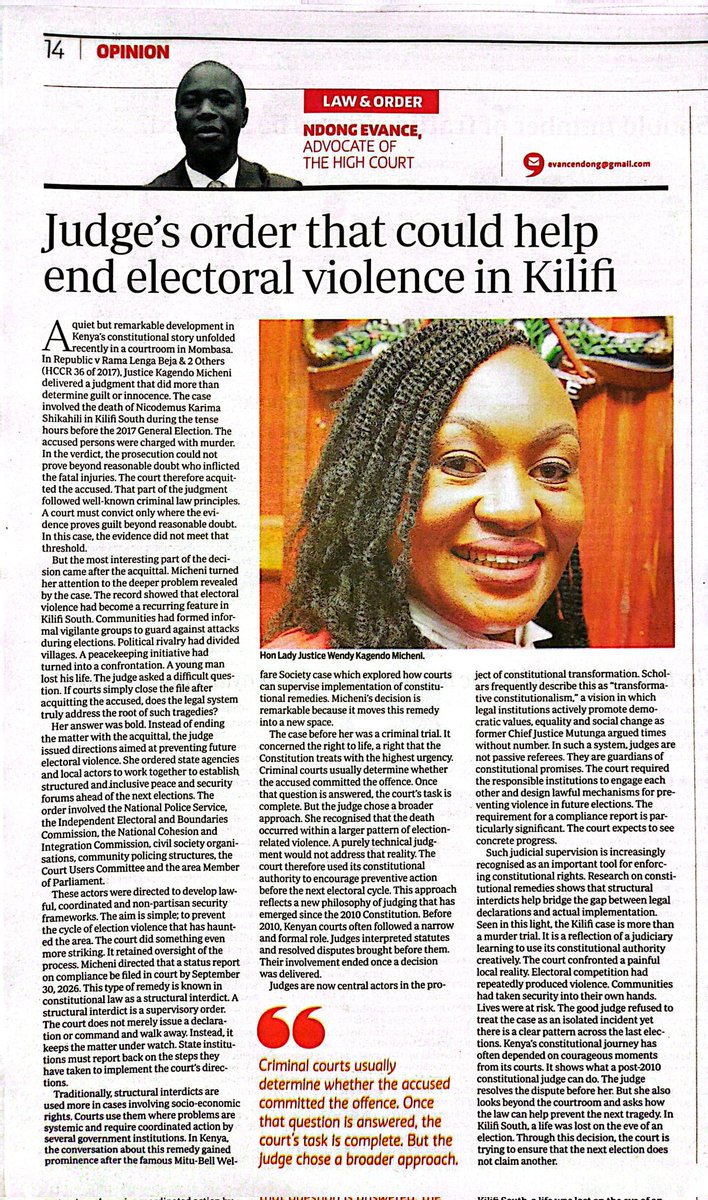 Ndonglaw043's tweet photo. In my 54th Article on the STANDARD P.14 today, my pen examines Justice Kagendo who I believe becomes a first in deploying Structural interdict beyond Socio-economic Rights. This was a Murder Trial. The Judge went beyond the Usual process & after Acquittal issued a very far-reaching order to several stakeholders; 
Take a Read. 
@_ngaowilson @abdulnassir21 @joshuamalidzo @wuodosur @KensonMutethia