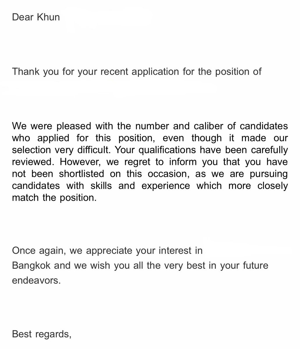 สมัครงานมาหลายที่ ไปสัมมาก็หลายที่ แต่ได้อีเมลปฏิเสธมาแค่ 2 ที่ ที่เหลือหายเงียบเลย แต่วินาทีที่อ่านอีเมลไม่รู้สึกเสียใจเลย แถมรู้สึกประทับใจอีก 😭