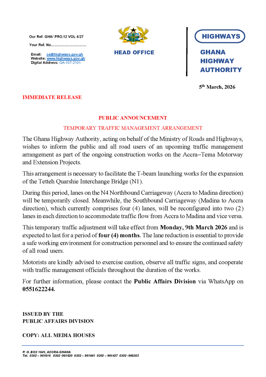 PUBLIC ANNOUNCEMENT: TEMPORARY TRAFFIC MANAGEMENT ARRANGEMENT