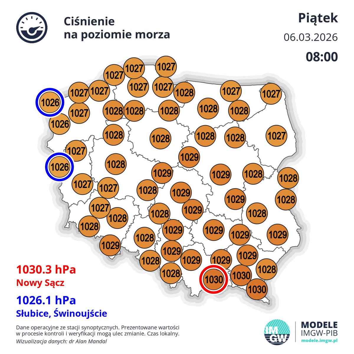 Po nawet dość mroźnej nocy z temp min rzędu -2- -4°C nastał dzień z bezchmurnym niebem w towarzystwie chmur piętra wysokiego.
Dalej znajdujemy się pod wpływem rozległego wyżu stąd wskazania ciśnienia rzędu 1029 hPa. Napływa ciepłe powietrze, więc temp max wzrośnie do 10- 12°C 😁