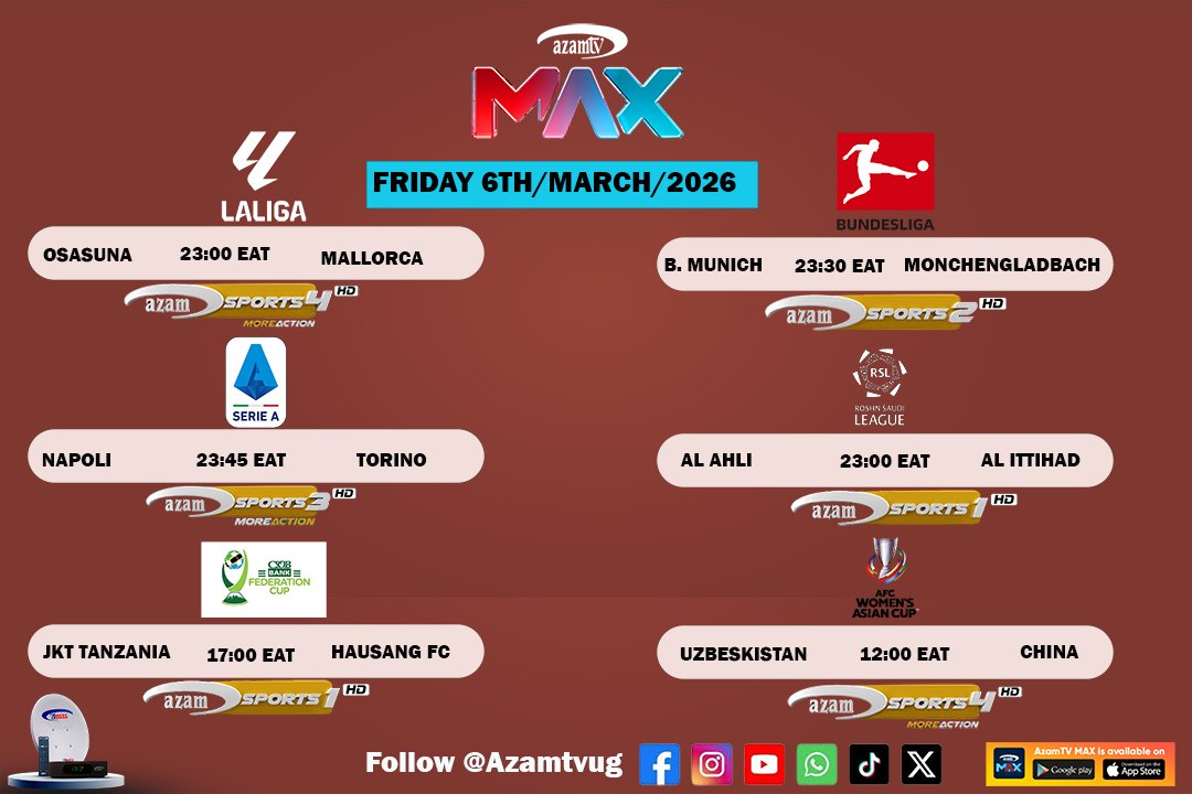 Azamtv_ug's tweet image. Watch every game #Live 
#Azam_Sports HD Channels
#Followyourstars #Azamtv #Football #MatchDay