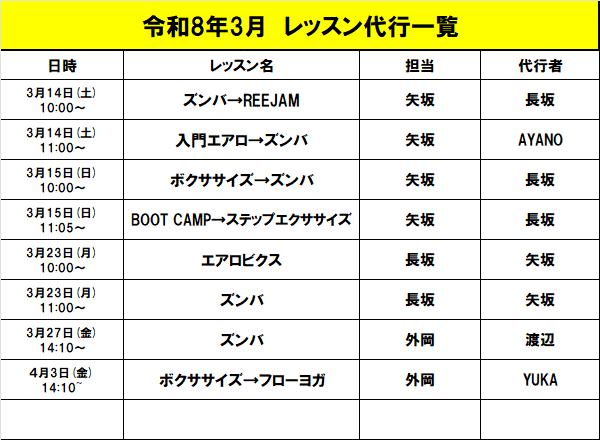 スタジオレッスン３月の代行一覧です。
ご迷惑をおかけいたしますが、ご理解とご協力の程お願いいたします。
