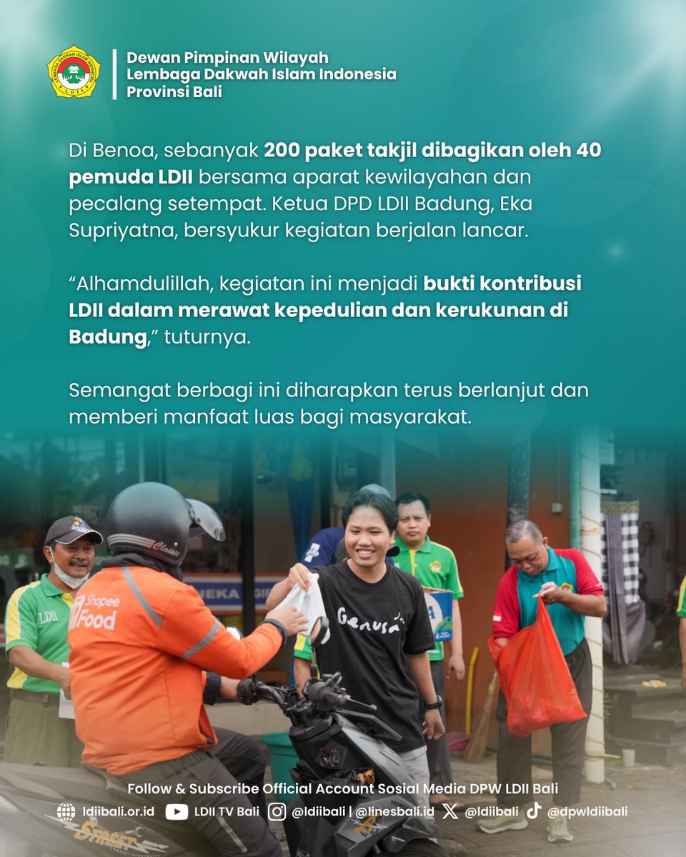 ldiibali's tweet photo. Ratusan paket takjil gratis dibagikan warga LDII Kabupaten Badung kepada masyarakat dalam rangka berbagi berkah Ramadan, Minggu (1/3).
#LDII #LDIIBali #LDIIBadung #Ramadan #LDIIuntukbangsa https://t.co/Joh8kGtm9E