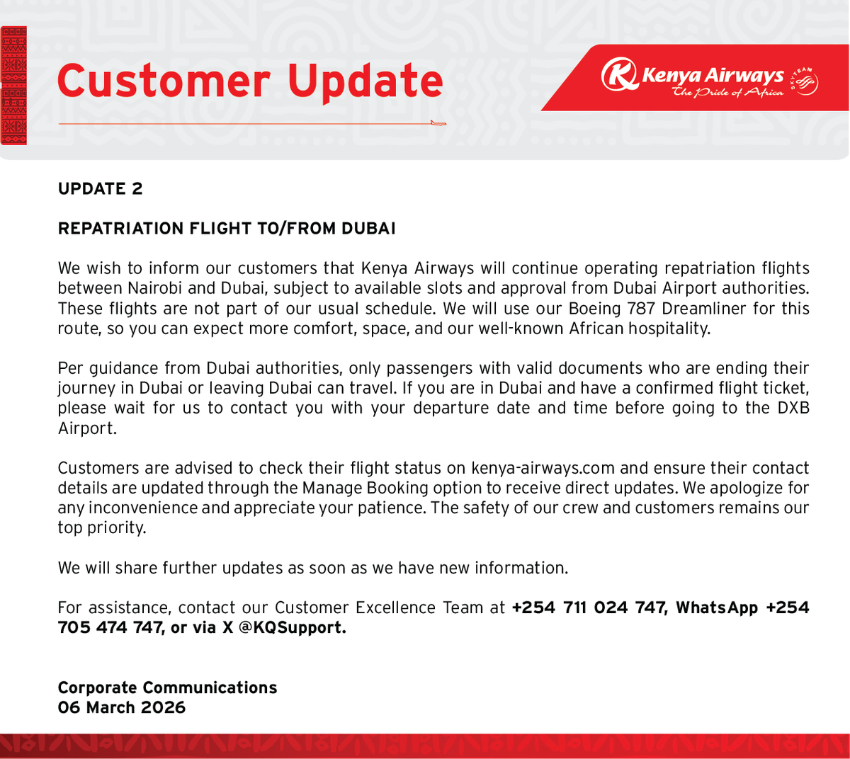 Customer Update Two: Repatriation Flight To/From Dubai