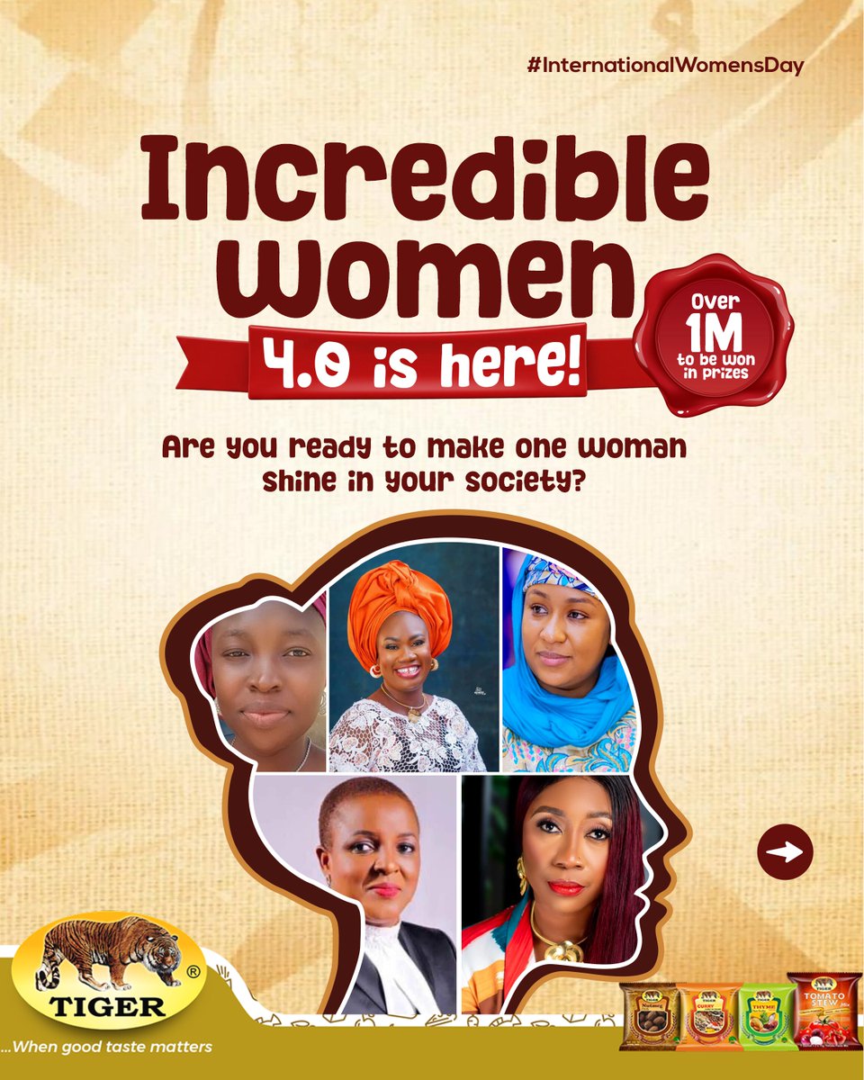 thetigerfoods's tweet photo. INCREDIBLE WOMAN 4.0!
Do you know a woman making a real impact who deserves to be celebrated?
Tag and nominate her for a chance to win ₦250K as we celebrate 5 incredible women making a difference.

T&amp;Cs apply. Swipe to see how to participate.

#TigerIncredibleWoman https://t.co/d6XmPcAzIb