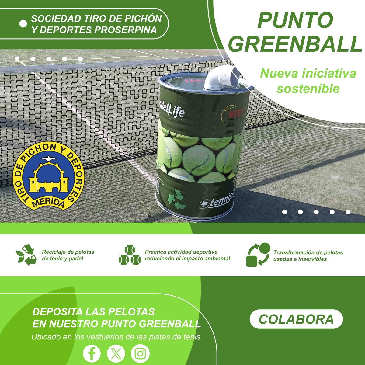 eltiromerida's tweet photo. 📢PUNTO GREENBALL🔵🟡

🆕 Iniciativa sostenible🌳

♻ Reciclaje de pelotas de tenis y padel inservibles🎾

📍 @eltiromerida 

🤝 @RFETenis https://t.co/9jYyqj81tc