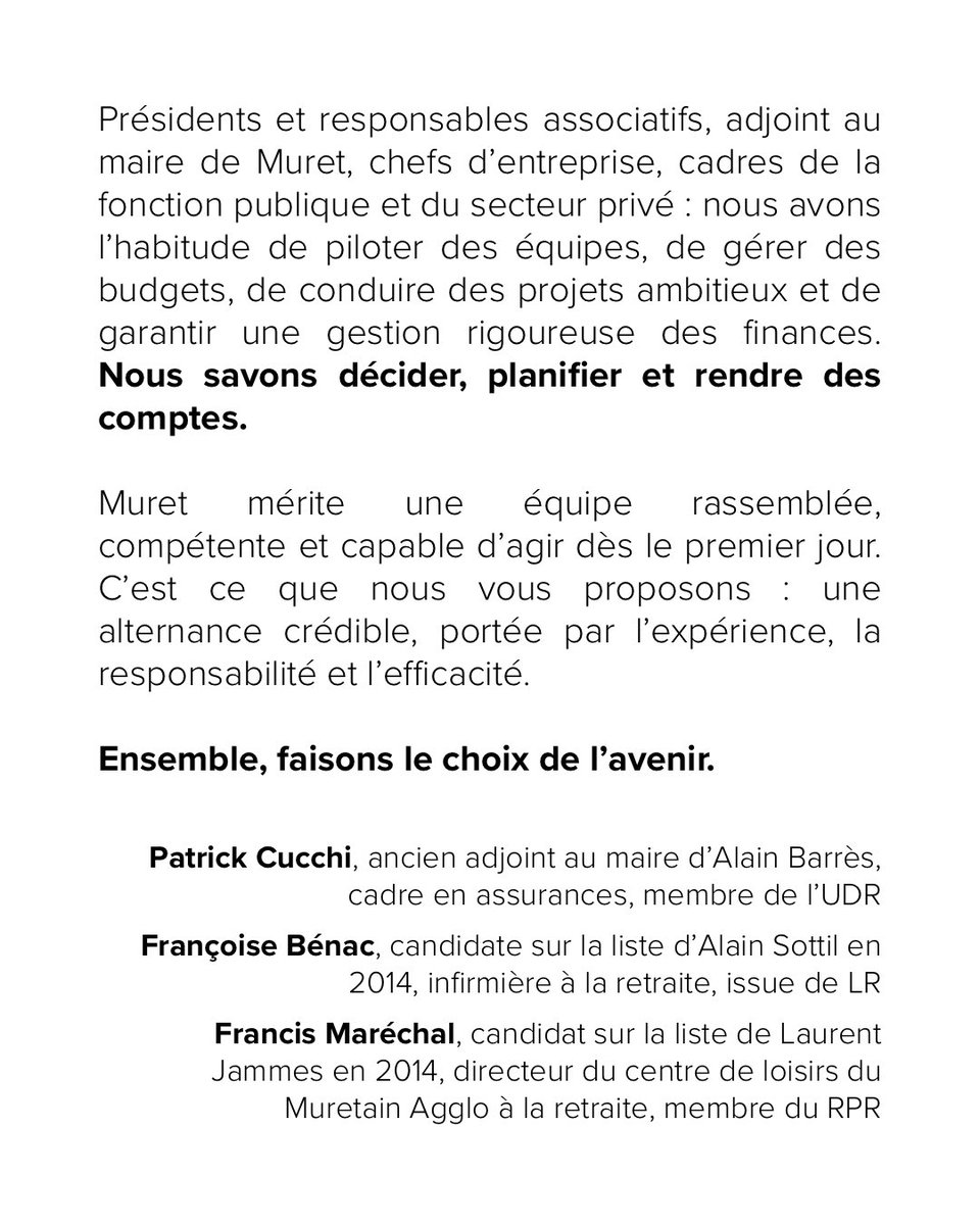 Muretaines, Muretains,

Patrick Cucchi, Françoise Bénac et Francis Maréchal vous adressent une seconde lettre de la droite muretaine. 

Les 15 et 22 mars, protégeons l’avenir de #Muret !

#Muretain #MuretainAgglo