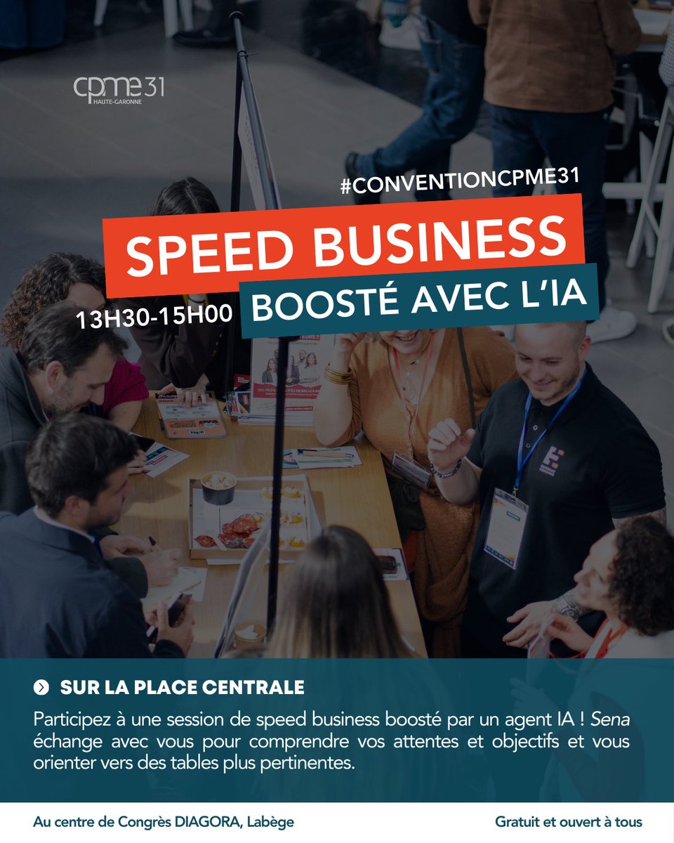 Nico_Poux's tweet photo. #conventioncpme31

📍 Jeudi 12 mars à @DiagoraCongres 

Au programme :
👉 speed business xxl boosté par l’IA 
👉 Plus de 50 stands adhérents et partenaires 
👉 conférences et keynotes
👉 Soirée de clôture
 
💡https://t.co/49uS7fMsz2

#IA #RSE #prevention #resilience #transmission https://t.co/EXoYKhPypD