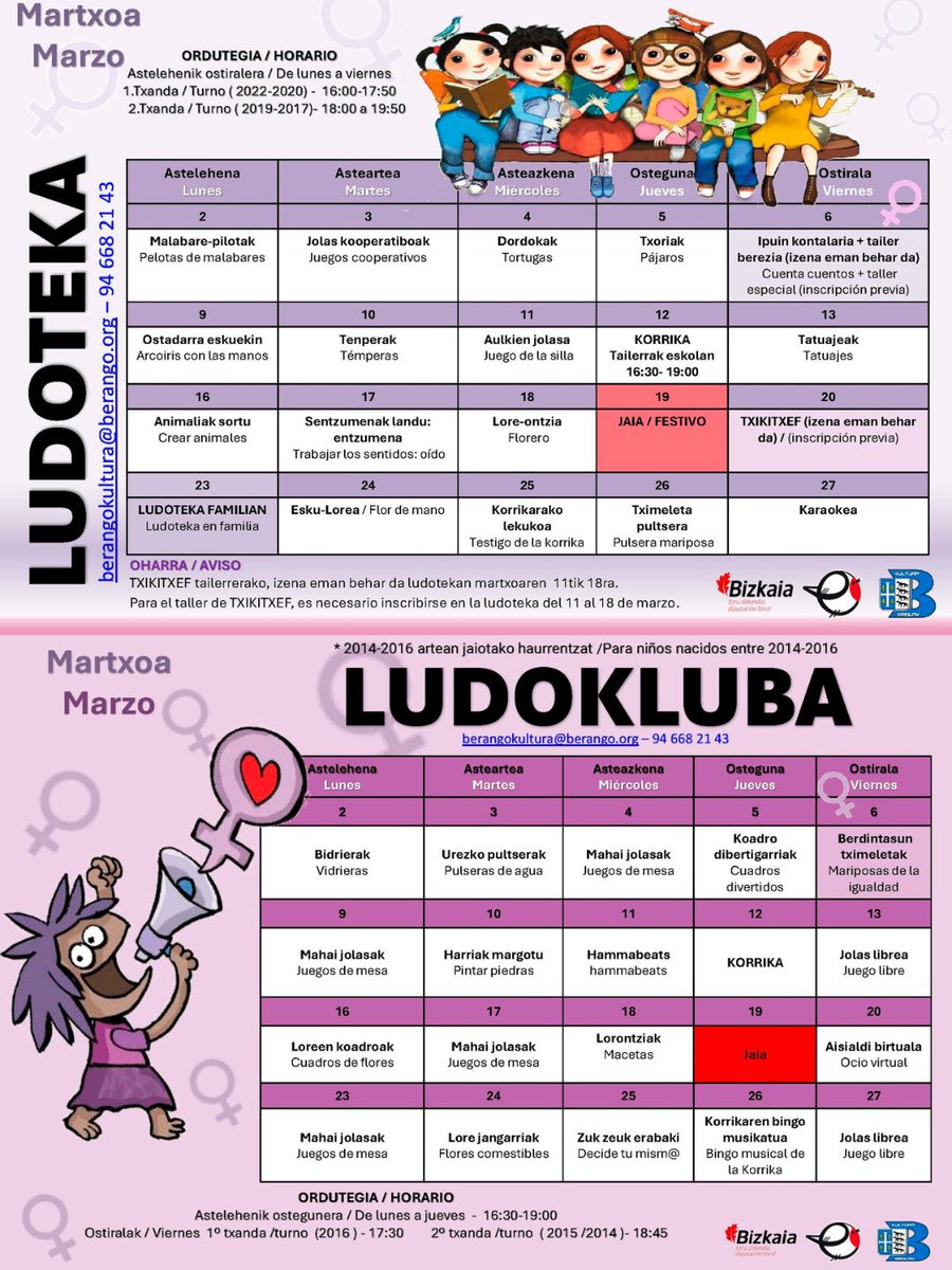 🌱🫟 Hemen dugu martxoko Ludotekaren eta Ludoklubaren programazioa.

🌱🫟 Aquí tenemos la programación de marzo para la Ludoteka y el Ludoklub.

#berango #kultura