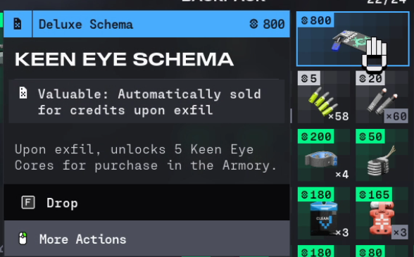 See, i think this is a good example of how this game attributes value (and not enough to items)

The Schema that unlocks the opportunity to PAY doesnt get you enough money to even buy 1 copy of the item it unlocks...

(btw. Im super enjoying the game but my entire vault is