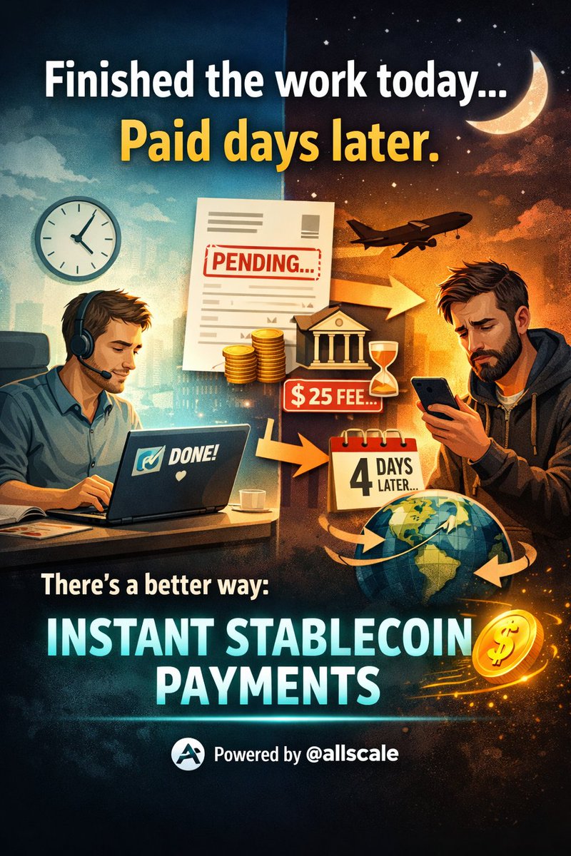 AsewSakis's tweet photo. Freelancers and remote workers know the pain: you finish the work today, but the payment arrives days later after bank processing and fees. In a borderless internet economy, that delay makes no sense. Platforms like @allscale are pushing a new model with instant stablecoin pay. https://t.co/DdnownDIK1