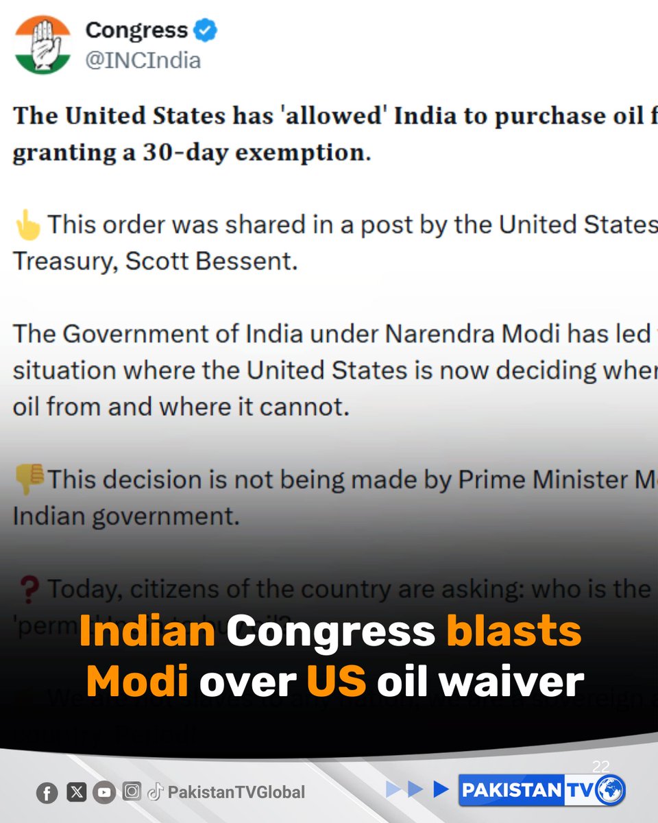 PakTVGlobal's tweet photo. The Indian National Congress criticized Prime Minister Narendra Modi after the United States granted India a 30-day waiver to purchase Russian oil, accusing the government of compromising national sovereignty and bowing to American interests.

#IndiaUSDeal #ModiControversy #NationalSovereignty  #PoliticalDebate #PakistanTV #PakistanTvglobal