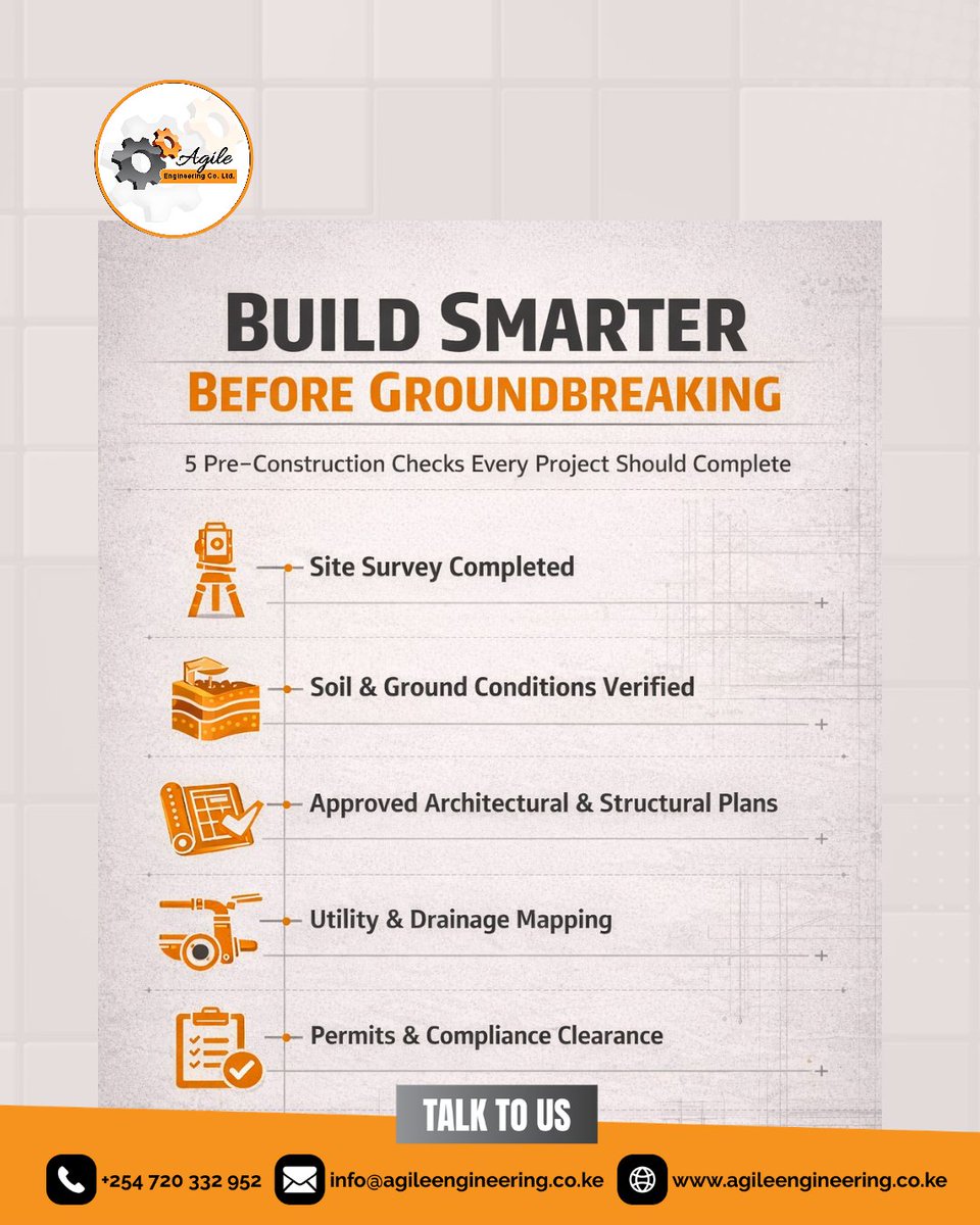 AgileCoLtd's tweet image. Great buildings start long before the first brick.
Planning, surveys, and approvals set the foundation for a safe and efficient project.
Save this checklist for your next build.
#SmartPlanning #BuildKE
