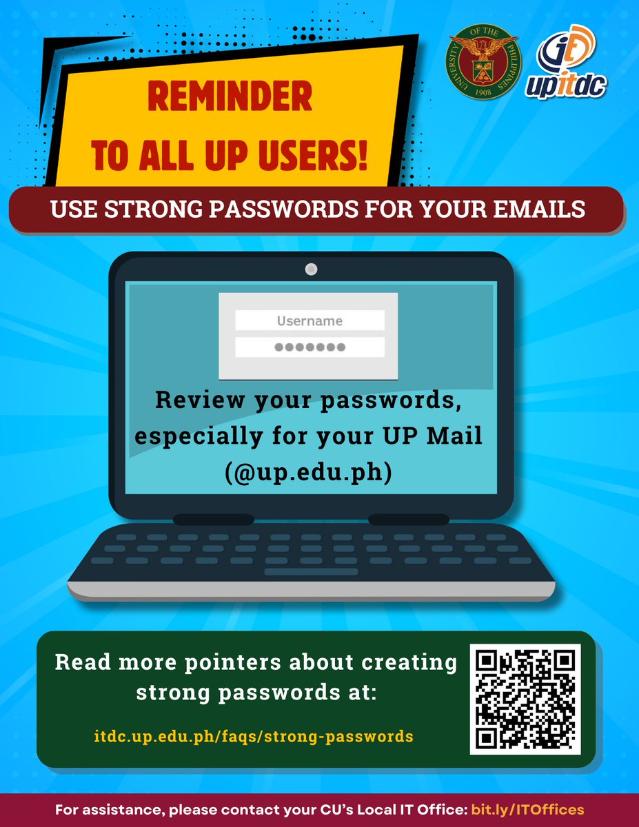UPITDC's tweet photo. ⚠️UP Mail users are reminded and encouraged to review the passwords they are using.

Read more pointers about creating strong passwords at: https://t.co/sh4BC77uxv https://t.co/VrVR4VIux0