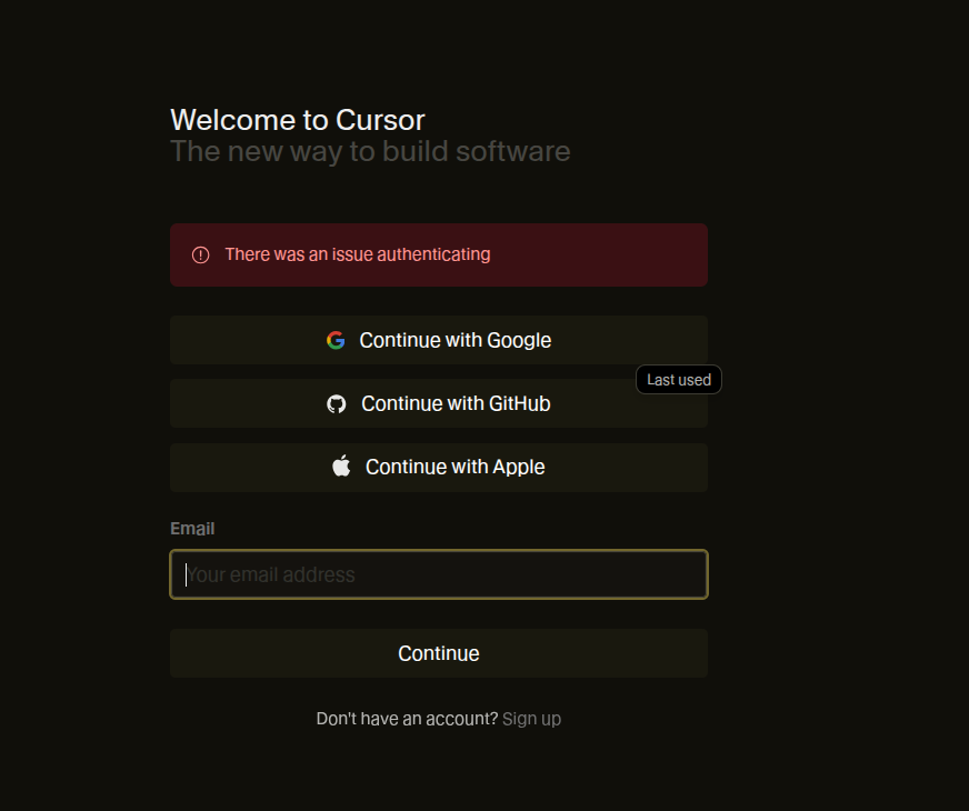 patelvivekdev's tweet photo. Now I am not able to log in to the dashboard

"There was an issue authenticating."

@cursor_ai https://t.co/tmbsBvkrGa
