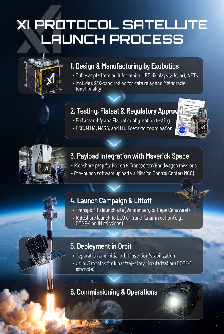 From factory floor to orbit: 
$XI PROTOCOL satellite launch process!

6 steps by Exobotics, Maverick Space &amp; SpaceX rideshares:
Design &amp; Manufacturing  
Testing, Flatsat &amp; Regulatory Approvals  
Payload Integration  
Launch Campaign &amp; Falcon 9 Liftoff  
Deployment in Orbit