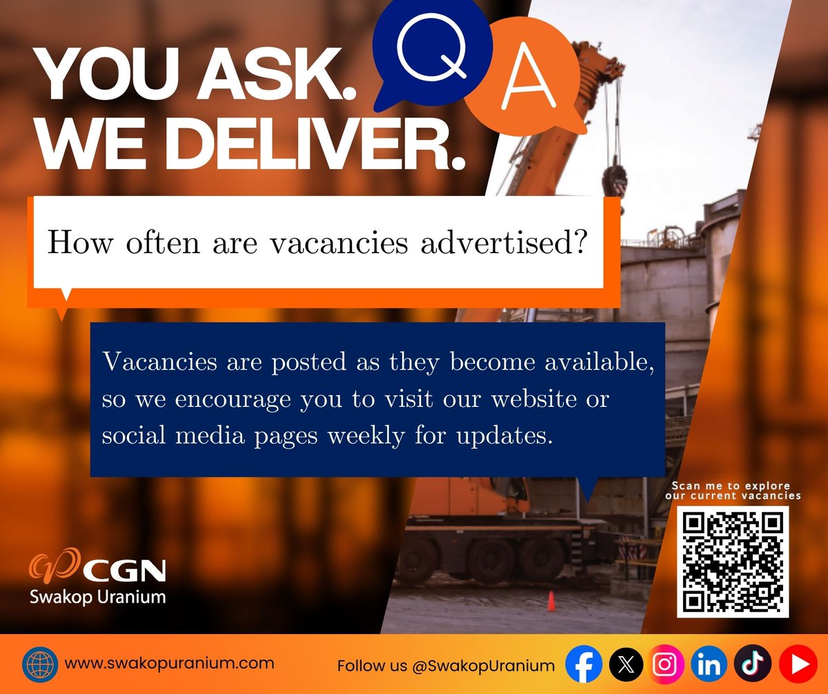 🌍 Your next opportunity could be one post away ➡️ follow us for the latest vacancies. swakopuraniumjobs.mcidirecthire.com 💼 #JobAlert #SwakopUraniumCareers #TeamSU 👷🏻‍♀️👷🏻 #MoreThanMining 💙🧡 #HusabMine