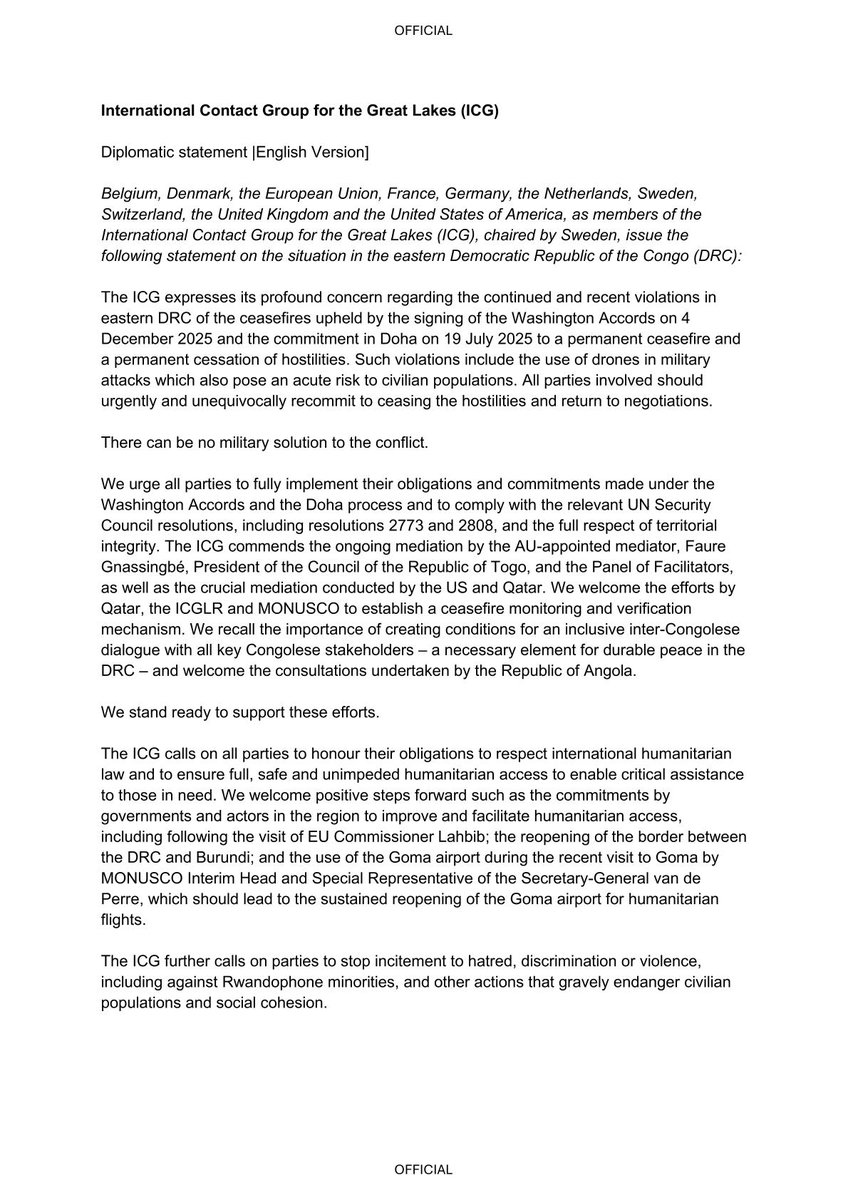 SwissPeaceHR's tweet photo. The int. Contact Group for the #GreatLakes 🇧🇪🇪🇺🇫🇷🇩🇰🇺🇸🇨🇭🇩🇪🇬🇧🇳🇱🇸🇪 is deeply concerned about the cont'd violations of the ceasefire in #EasternDRC; calls on all parties to implement their commitments under #WashingtonAccords & #DohaProcess and to respect #IHL & #HRL. Full statement: https://t.co/XlTJY8dciw