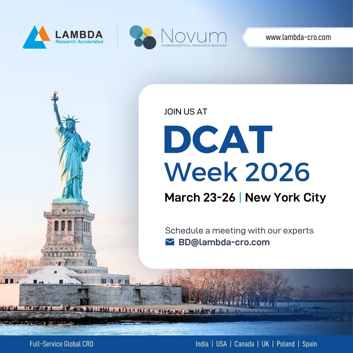LambdaCRO's tweet photo. We will be attending #BIOEuropeSpring & #DCATWeek!
Let’s connect & discuss how our full-service global CRO capabilities can support your clinical development goals.
To schedule a meeting📧BD@lambda-cro.com
#LambdaTherapeuticResearch #LambdaCRO #LambdaNovum #DCAT #BIOEurope https://t.co/zhZHPG3Ah9