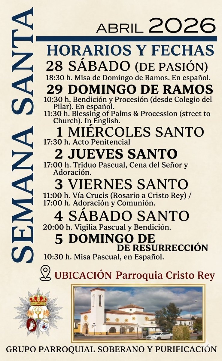 Gpsoberano_'s tweet photo. Os dejamos la programación de las dos parroquias de la semana santa 
Con el viacrucis Parroquial del viernes santo a las mañana 
#CofradíasMLG #semanasantamlg
#ciudadjardinmlg #CristoReymlg https://t.co/VJLoYz5dDJ