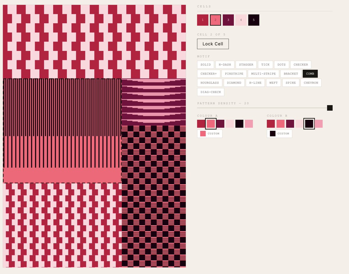 Made up of 5 selectable cells.
18 Motif Options.
Edit foreground and background color.