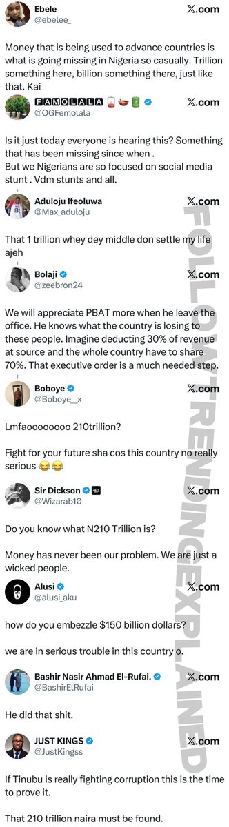 TrendingEx's tweet photo. 210 Trillion Naira is trending because The Senate discovered ₦210trn and ₦3.8trn missing in NNPC from 2017-2023, and summoned ex NNPC boss, Mele Kyari for explanations.

This is how NNPC claims ₦210 dissapeared;

They casually signed off a whole ₦210trn. According to the Senate; NNPC had ₦103trn in Accrued Expenses (Debt) and ₦107trn in Receiveables (ie: the people owing NNPC, the investments proceeds that were not yet in. Basically all the money outside that’s in their favour.) — let’s call it (Asset).

The Senate is saying, these two monies (₦210) are not traceable, they can’t find where it went to or came from and the ones they are seeing are not making any sense, and NNPC’s explanations is contradicting what is in the books.

Essentially, the book doesn’t explain the movement of the ₦210trn.

Meanwhile NNPC is saying, they have not yet received all their (Asset) outside. Thereby making, the Accrued (Debt) and Receivable (Asset) almost the same thing. 

But when they reconcile it. (Get their money back and pay debts) the book will balance., Simple maths.

— But the senate said it wasn’t making sense. Because why did they sign it off if they had not received it. You get? 

In a diplomatic way, the senate is saying, they have played with the books. And that’s what Peter Obi leveraged on in July 2025 when the case started, to call Nigeria a Crime Scene.

However, when the Debt and Assets are finally reconciled, the surplus will be ₦4trn. Which by the looks of it is also missing. 

Because, there is no clear path to where it went to or where it is coming from. Because someone signed it all off as cleared. Meaning, IF the money eventually comes, it won’t be recorded. — You see the problem?

For fairness, let’s just say ₦210trn did not miss, it just wasn’t explained properly by NNPC. 

Thats why now, 10 months later, the senate is asking NNPC to refund the ₦210trn money since they couldn’t explain it, thus the summoning of Mele Kyari for another chance at redemption.

Follow @TrendingEx for daily explanations!

• The change you want in the country starts with tranperency in elections. Follow @CitizenMonitors for more on digital surveillance.