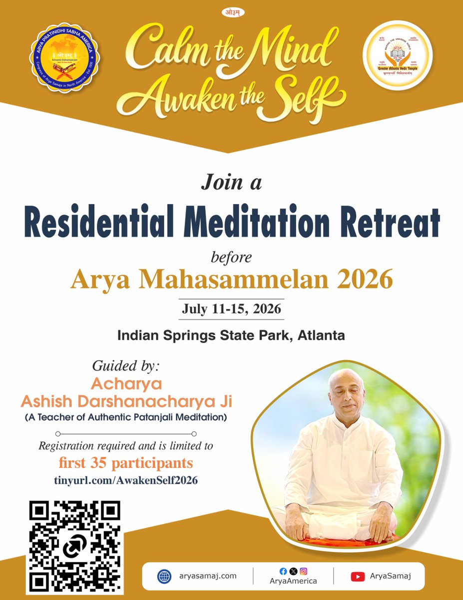 Residential Meditation Retreat

July 11-15, 2026

Indian Springs State Park, Atlanta

Registration required &amp; limited to first 35 participants

tinyurl.com/AwakenSelf2026

#meditationretreat #residential #atlanta #registration #gavt #apsa #aryasamaj