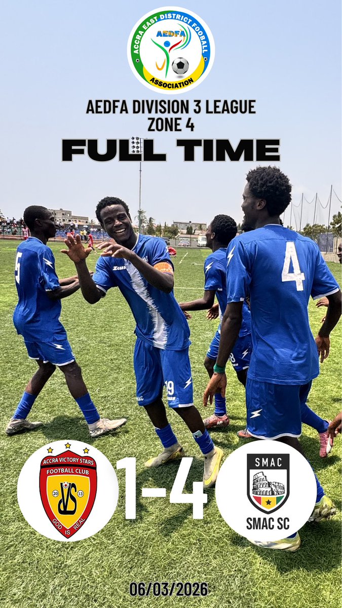 FT | Accra Victory Stars 1–4 SMAC SC ⚽🔥
Strong performance and three points secured.
