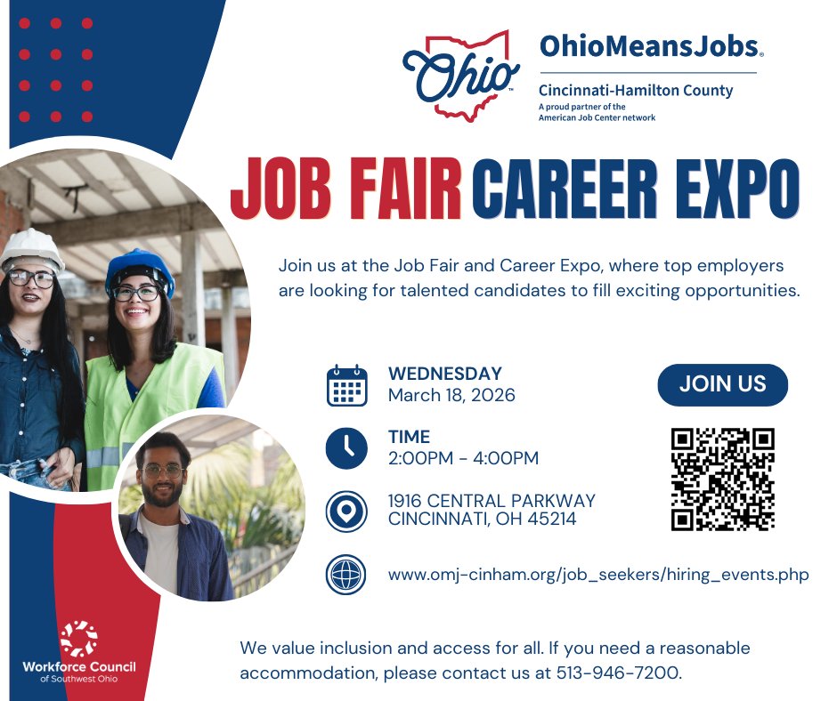 Our next Job Fair &amp; Career Expo is on Wednesday, March 18  from 2:00 PM – 4:00 PM at 1916 Central Parkway, Cincinnati, OH
Top employers are hiring. Stop by and find your dream job!