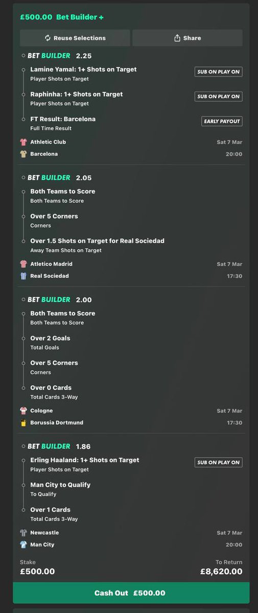 £500.00 INTO £8,620.00💷😍

WEEKEND LONG-SHOT BET BUILDER ACCA⚽️⚽️

IF THIS WINS I WILL GIVE 1000 TO 2 PEOPLE WHO ❤️AND RETWEET THIS POST.

BRING IT ON🤌