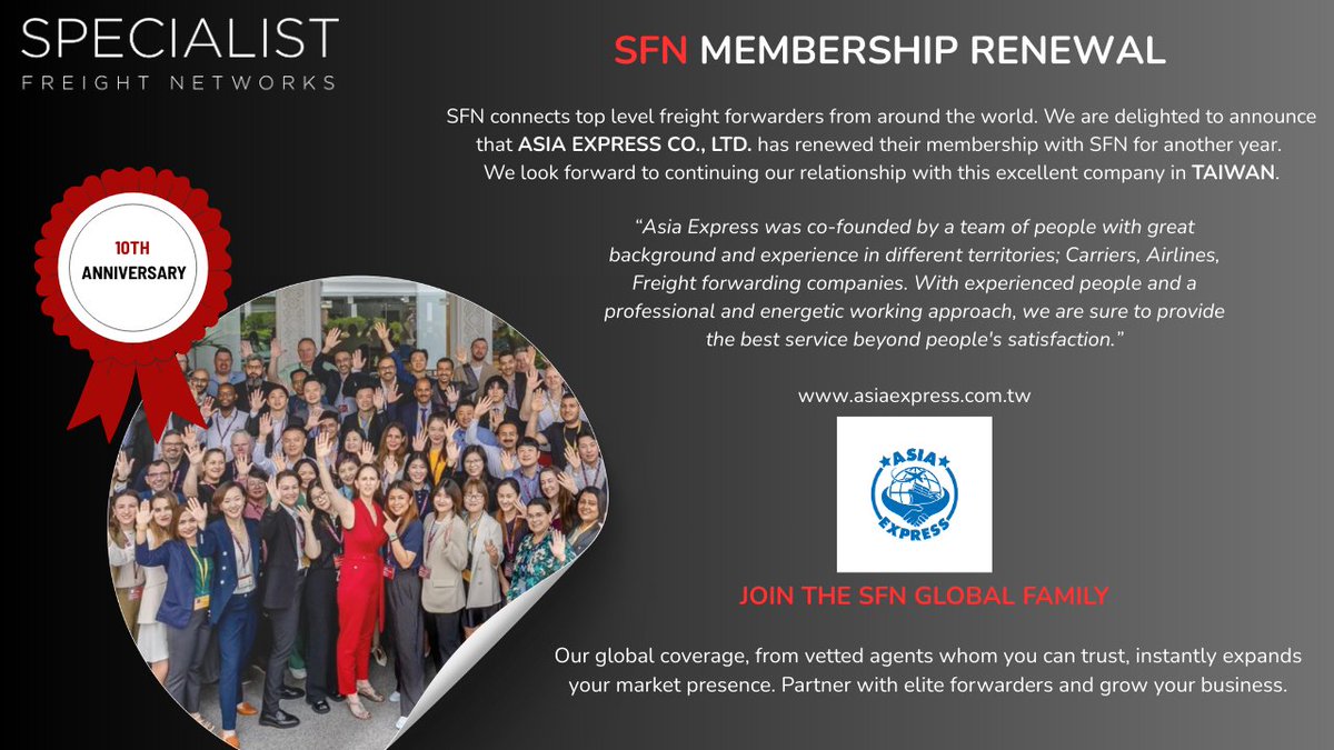 sfnnetwork's tweet photo. Two more strong SFN member renewals in Asia 🌏

ASL Global, Singapore
Asia Express, Taiwan

Both companies bring valuable freight expertise and trusted global connections to the SFN community.

#Logistics #FreightForwarding #SFN https://t.co/6LmkQ2pxmd