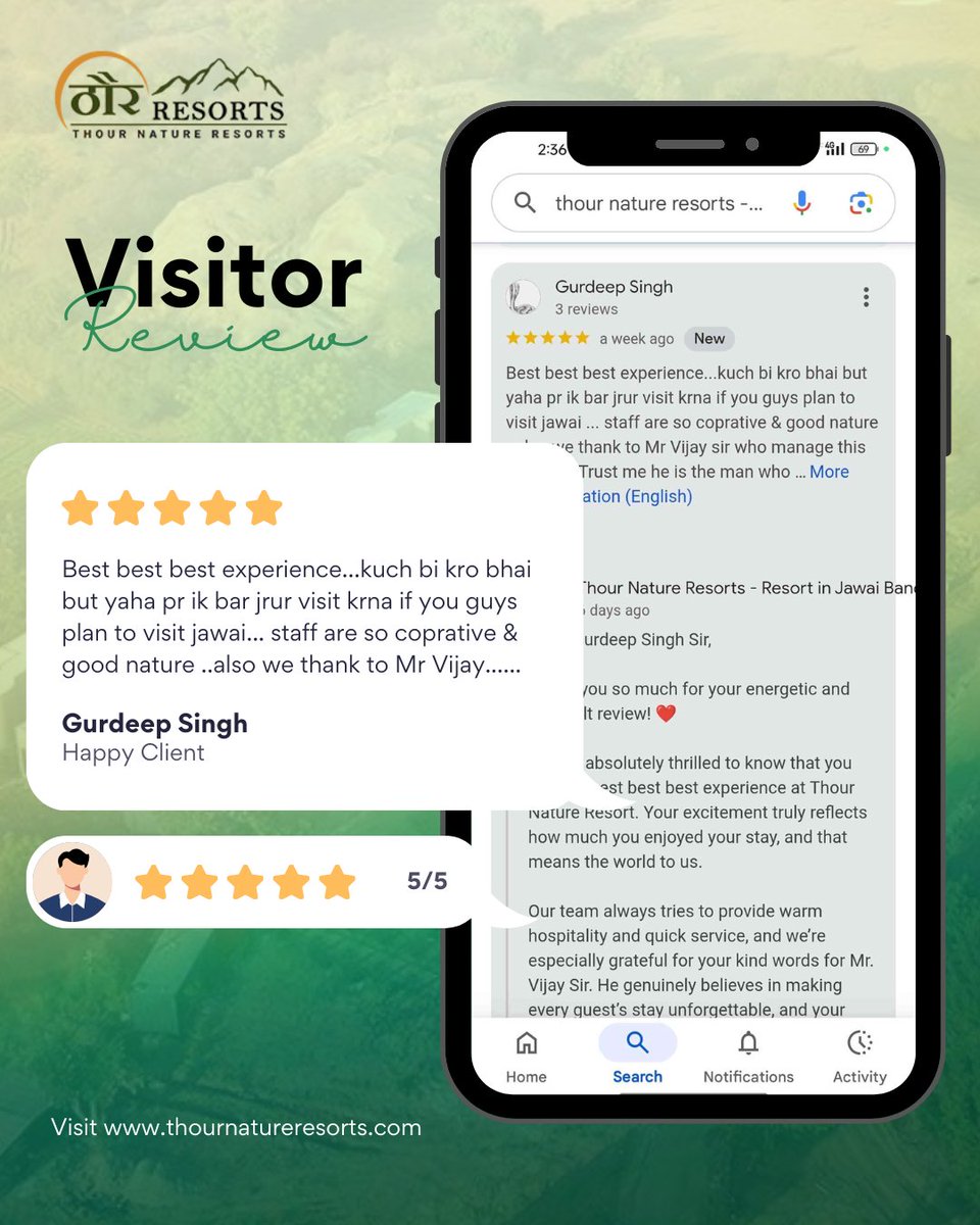 thourresorts's tweet photo. ✨ Real Guest Reviews • 2026 ✨

Grateful for the love our guests share at Thour Nature Resorts.
Peaceful stays, nature views, and memorable moments in Jawai. 🌿
📍 Jawai, Rajasthan
🌐 https://t.co/lvWHSw8t8E

#ThourNatureResorts #JawaiRajasthan #GuestReviews #NatureStay https://t.co/vBZAthfYTQ