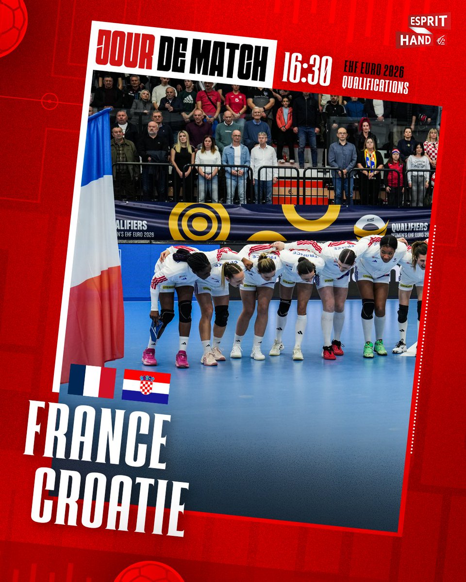 EspritHandball's tweet photo. JOUR DE MATCH 👊
Les Bleues accueillent les Croates pour le match retour dans le cadre des qualifications à l'Euro aujourd'hui ! 
En cas de victoire, leur ticket serait validé 💪🇫🇷 
#EspritHandball #FRACRO https://t.co/L0JmcJ8rhR