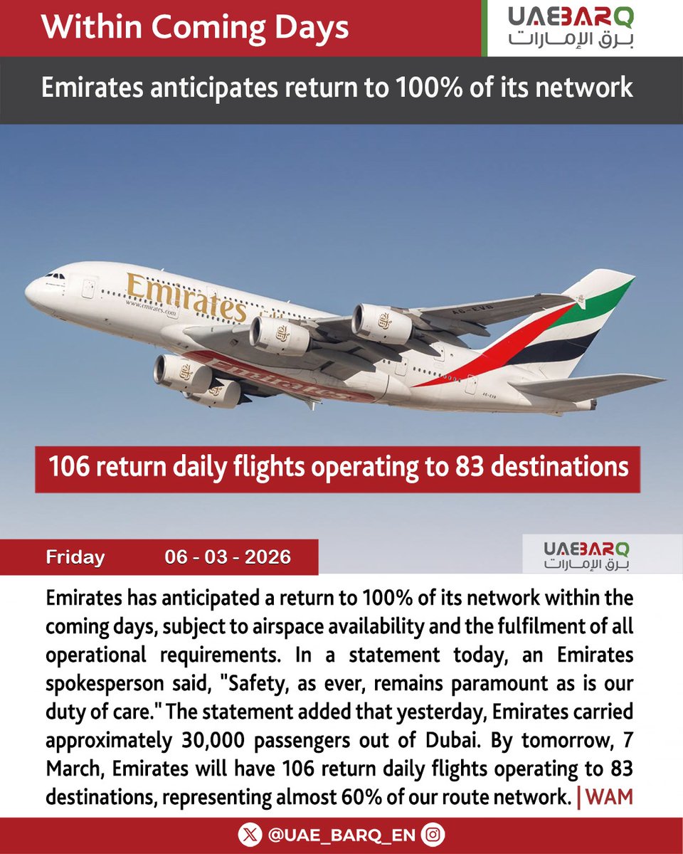 UAE_BARQ_EN's tweet image. #Emirates anticipates return to 100% of its network within coming days.

#UAE_BARQ_EN