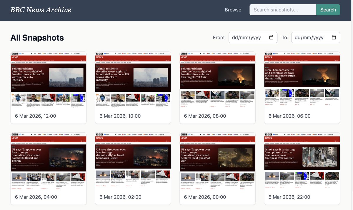 samirelanduk's tweet photo. I've always wished this existed, and now it does: https://t.co/y1Rvx9xFcn. See what the front page of BBC news looked like at any point in the past* and search for specific headlines.

(*'any point in the past' meaning any time since the archiving started, which is currently yesterday.)