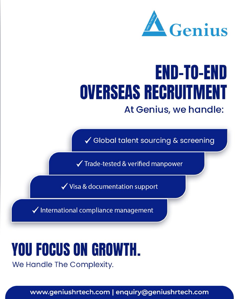 GeniusHRTechLtd's tweet image. Focus on growing your business.
We’ll handle the global hiring complexity. 🌍
📩 enquiry@geniushrtech.com
🌐 geniushrtech.com
#OverseasRecruitment #GlobalHiring #InternationalWorkforce #GeniusHRTech #TalentWithoutBorders #HRSolutions #GlobalExpansion