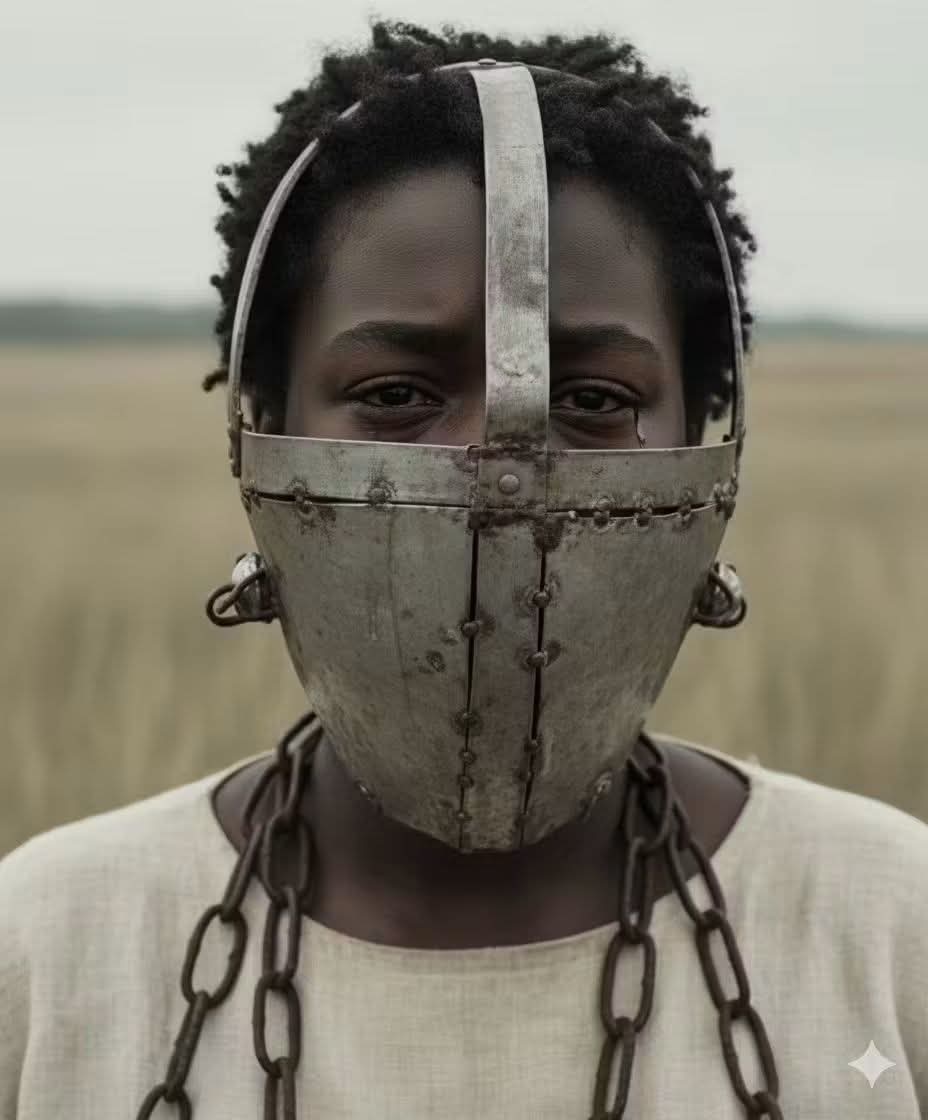 This metal was used during the slavery period for 3 main reasons; 

1. Sometimes the slàve màsters would forced an apple (a whole) into the mouths of enslaved before they wore the metal mask on them with the padlocks so that they couldn't talk.

2. To stop the enslaved from