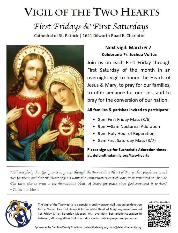 ProLifeCLT's tweet photo. TONIGHT Friday March 6: Vigil of the Two Hearts at the Cathedral. Adorers needed for 3am &amp; 4am. Can you sign up for an hour? - https://t.co/xiTLCpXwaY https://t.co/eEYcAOznV2