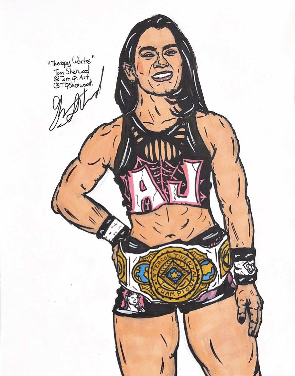 TQSherwood's tweet image. “Therapy Works.” My newest for #fanartfriday stars @TheAJMendez!! I was trying to manifest an AJ Lee meet and greet at WWE World with this drawing and it worked! So happy. #ajlee #fanart #WWERaw