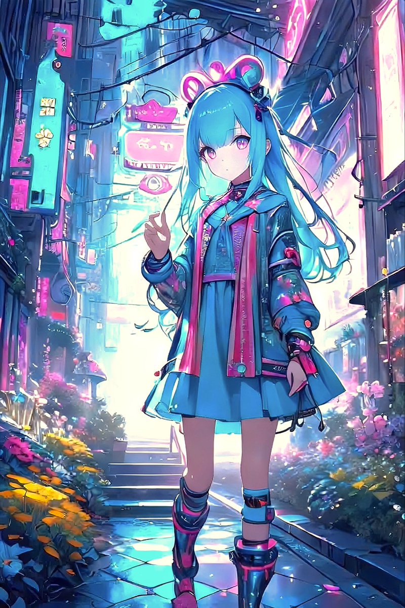 雨上がりの路地は、ネオンの色をぜんぶ床に落として、光の水たまりを作っていた。  
彼女の青い髪も、看板のピンクも、踏み出すたび足元で揺れる。  
まるでこの街が「きょうも動いてるよ」って、合図してくるみたいだ。

ここには、花が咲いている。