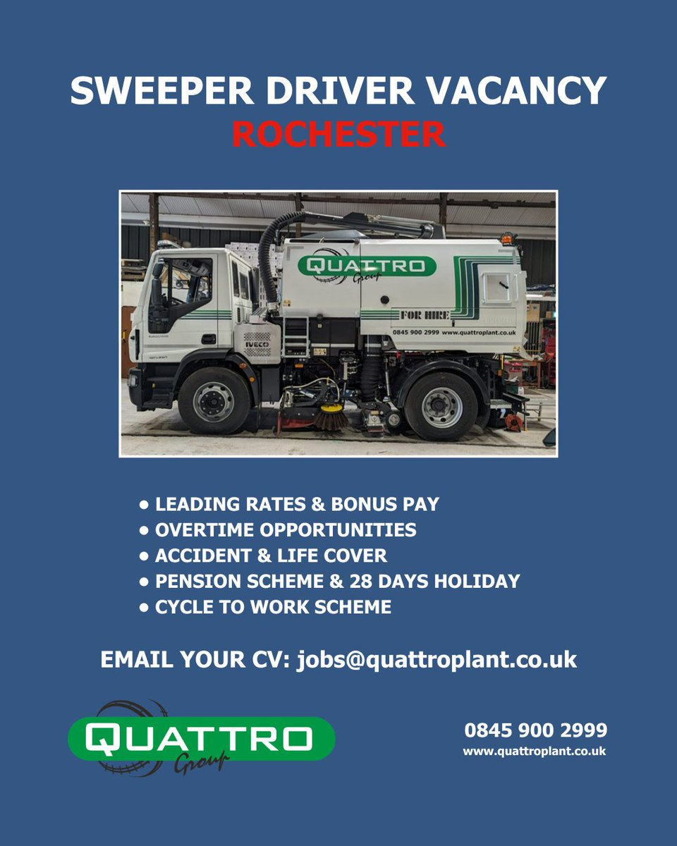 Quattro_Plant's tweet image. SWEEPER DRIVER VACANCIES

We have vacancies to join our road services team in both Rochester and Stratford.  Excellent benefits and pay.  HGV2 required.  Apply now - send your CV to jobs@quattroplant.co.uk

#jointheQArmy #Quattro #HGVdriver #Driversneeded #jobsearch