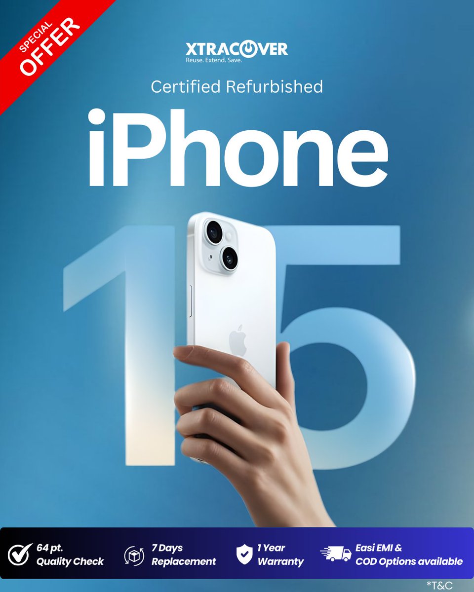 New iPhone feel. Easy monthly deal.

Get the Apple iPhone 15 from #XtraCover with EMI starting at just ₹3,358/month. Certified refurbished, 64-point quality checked, 1-year warranty, and 7-day replacement. Premium Apple performance at a smarter price.
shop.xtracover.com/products/apple…