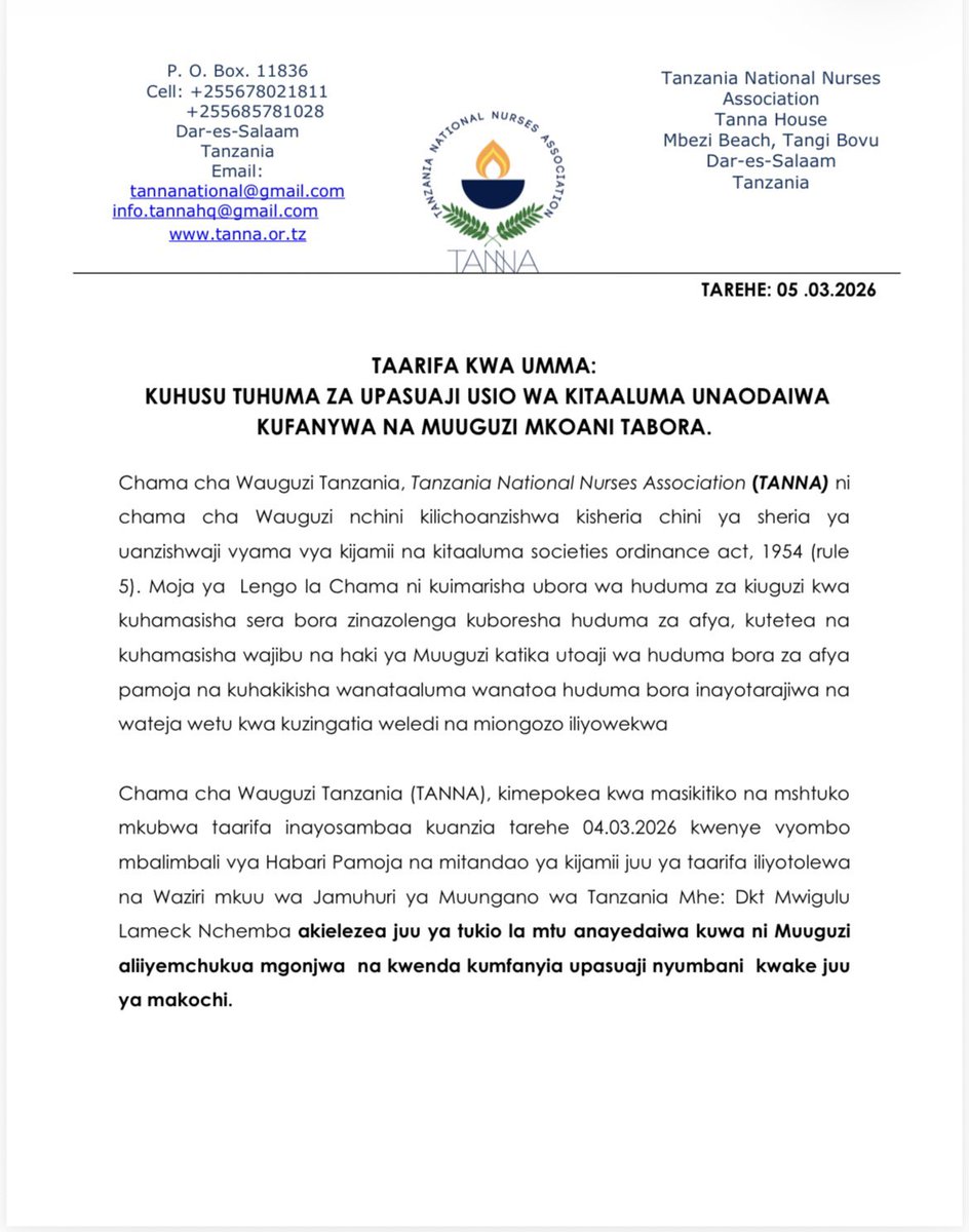 TANNAHQTANZANIA's tweet photo. Taarifa kwa Umma kutoka TANNA kuhusu tuhuma za upasuaji usio wa kitaaluma unaodaiwa kufanywa na mtu anayejitambulisha kama muuguzi mkoani Tabora. Chama kinaeleza kuwa mhusika sio muuguzi wala hana sifa za taaluma ya uuguzi, na kinawaomba mamlaka kuchukua hatua za kisheria https://t.co/0nBRM4lJ3g
