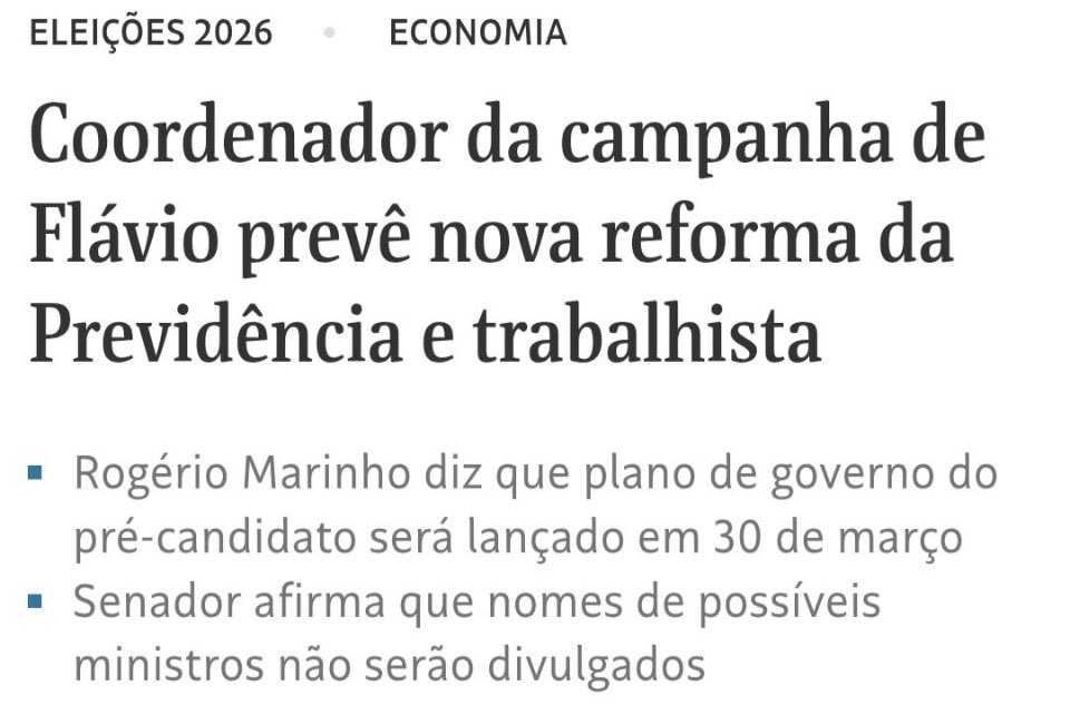 🚨 ATENÇÃO, TRABALHADOR!
O coordenador da campanha de Flávio já avisou: se eleito, vem nova reforma da Previdência e reforma trabalhista.
Você está preparado para trabalhar ainda mais anos para se aposentar?
Já vivemos esse filme. Sabemos como termina.
Seu voto, sua
