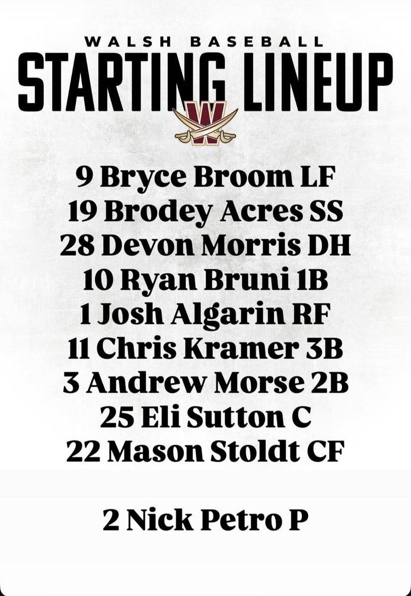WalshUBaseball's tweet photo. Our Starting 9 this morning 
#SwordsUp⚔️ https://t.co/Czp3Szy0FD
