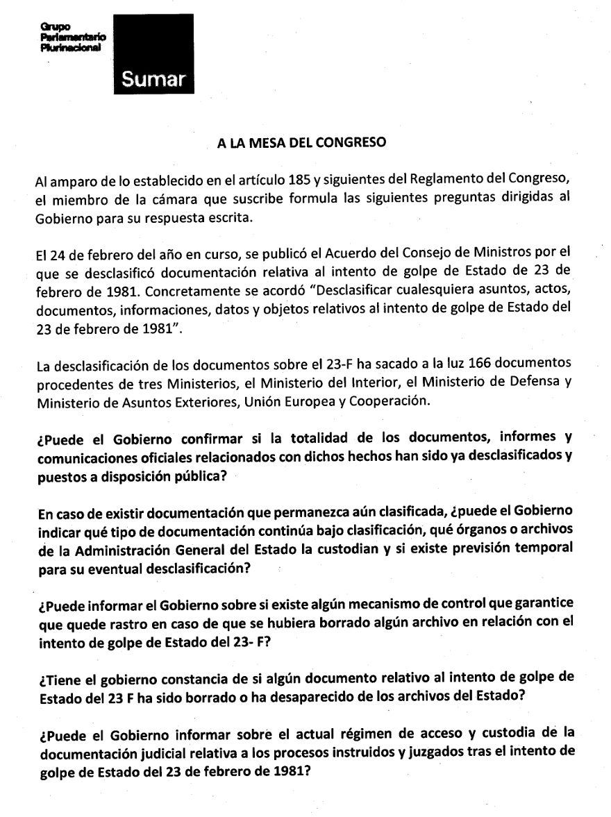 🔓🗂️ La desclasificación de los documentos del 23F debe ser completa, incluidos los documentos judiciales.

Nuestro pueblo tiene derecho a conocer la verdad, a la que solo temen quienes tienen algo que ocultar.

Es la única forma de acabar con especulaciones y blanqueos.
