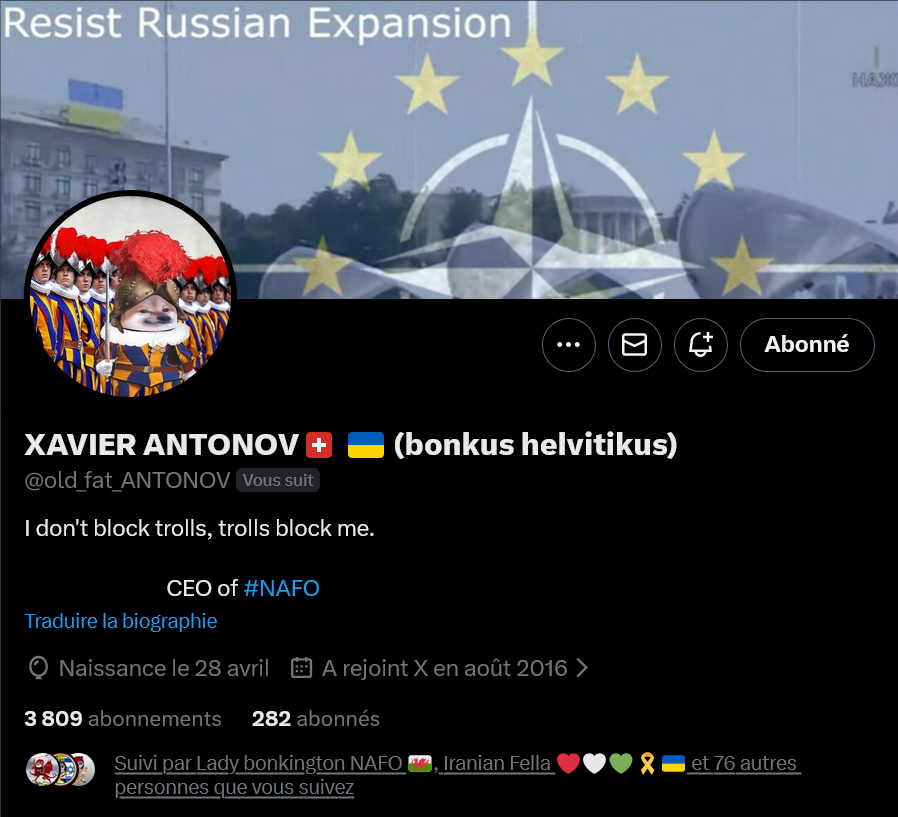 Fellas, can we boost <a href="/old_fat_ANTONOV/">XAVIER ANTONOV🇨🇭 🇺🇦 (bonkus helvitikus)</a>? 

Thank you 🫡💙💛

#WeAreNAFO
#NAFOExpansionIsNonNegotiable